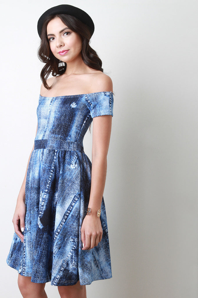Off The Shoulder Denim Print Skater Dress