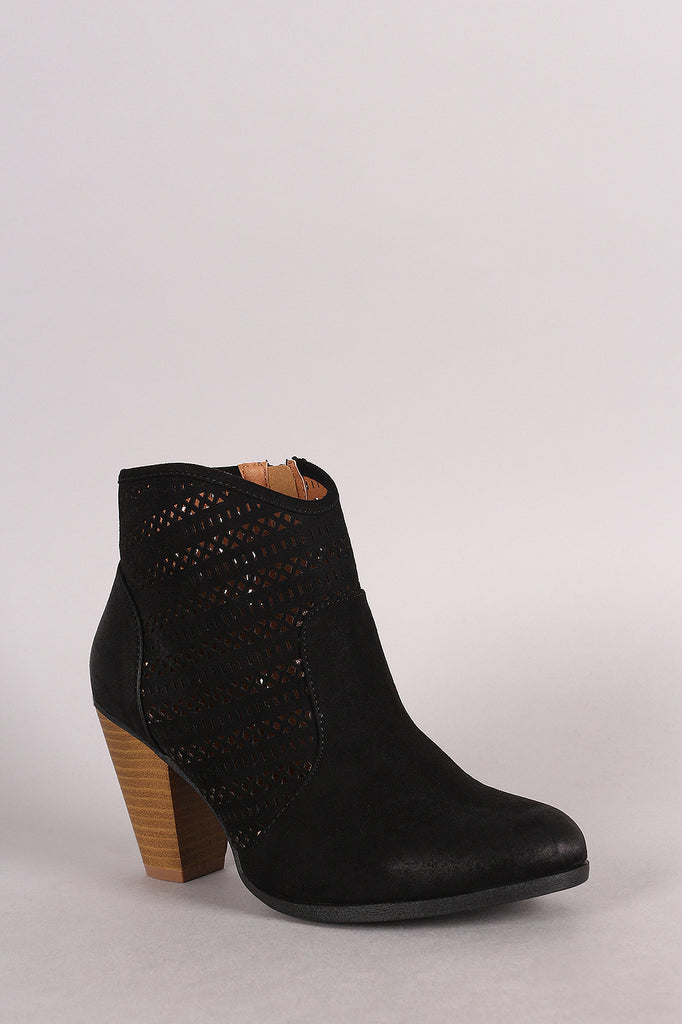 Qupid Perforated Suede Cowgirl Chunky Heeled Booties