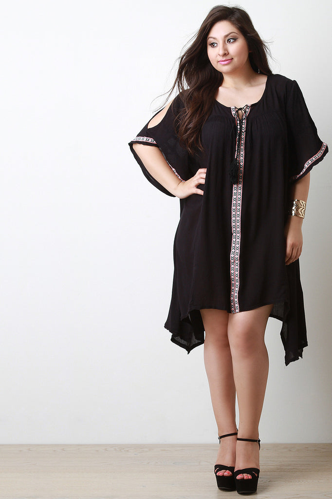 Embroidery Cold Shoulder Sharkbite Peasant Dress