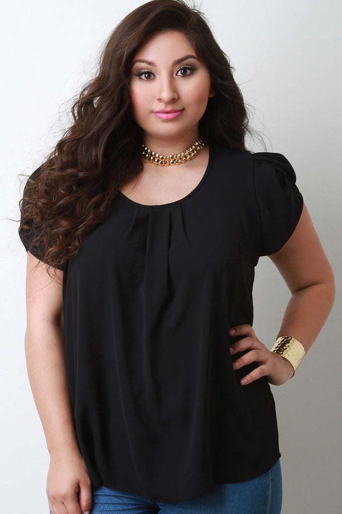 Solid Scoop Neck Pleated Cap Sleeve Top