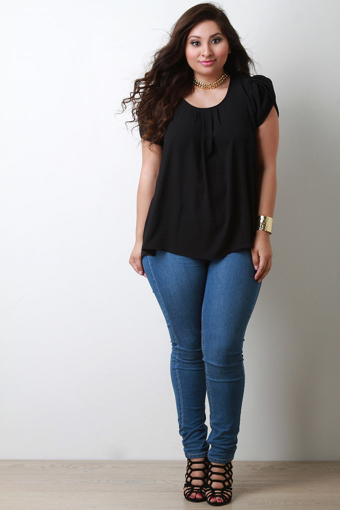 Solid Scoop Neck Pleated Cap Sleeve Top