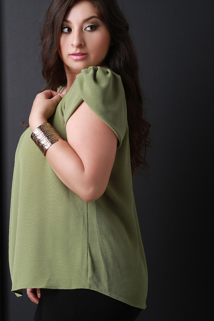 Solid Scoop Neck Pleated Cap Sleeve Top