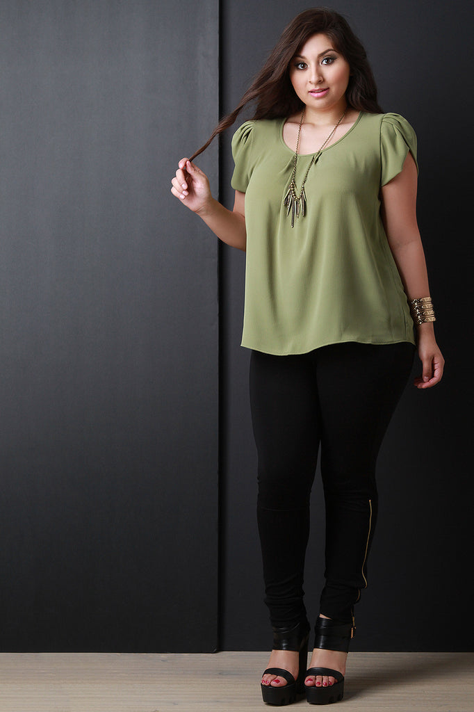 Solid Scoop Neck Pleated Cap Sleeve Top