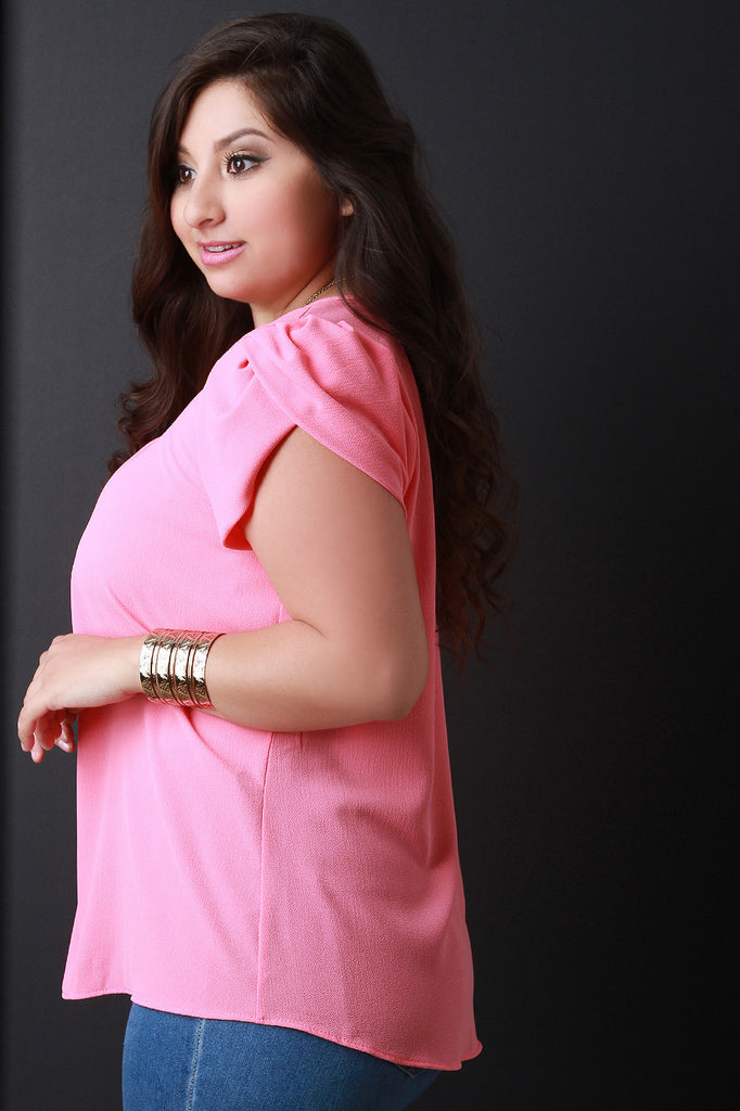 Solid Scoop Neck Pleated Cap Sleeve Top