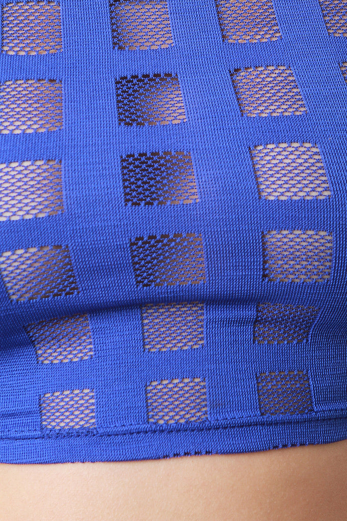 Semi-Sheer Fishnet Grid Mock Neck Crop Top
