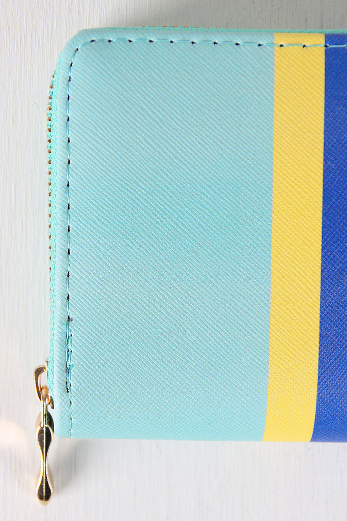 Vegan Leather Stripe Pattern Zippered Wallet