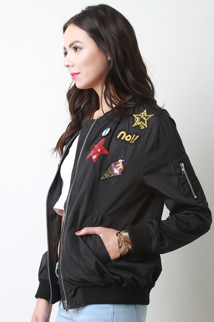 Assorted Patches Zip Up Bomber Jacket