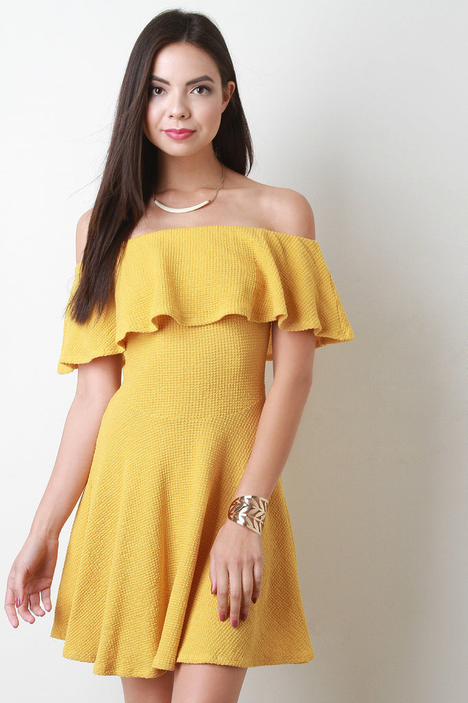 Ruffle Off The Shoulder Themal Knit Mini Dress