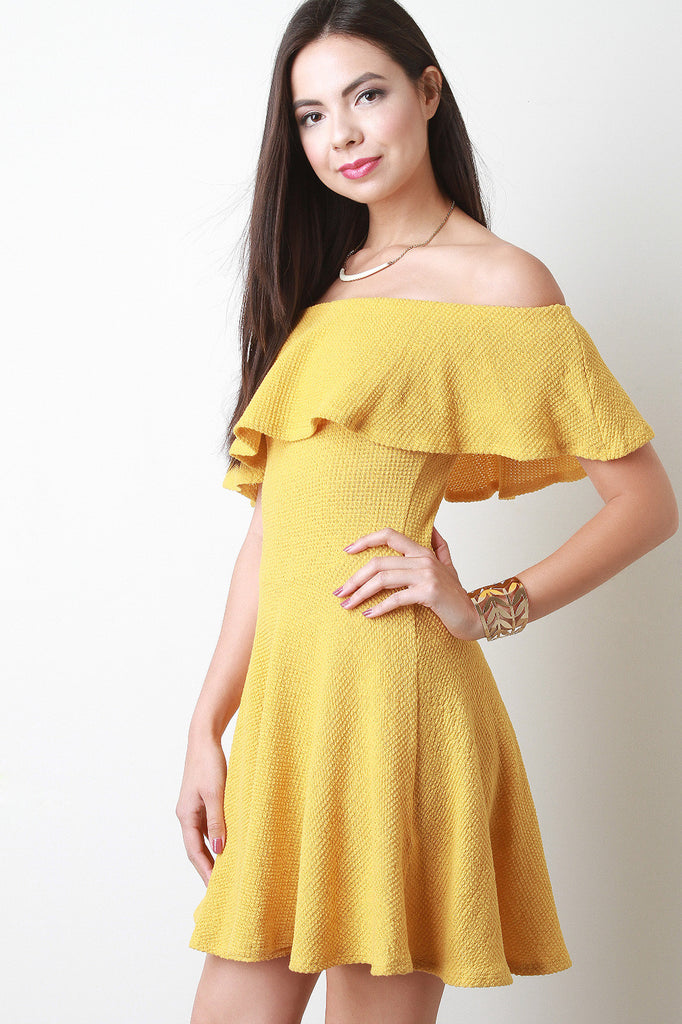 Ruffle Off The Shoulder Themal Knit Mini Dress