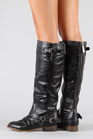 Breckelle Double Buckle Ruched Round Toe Riding Knee High Boot