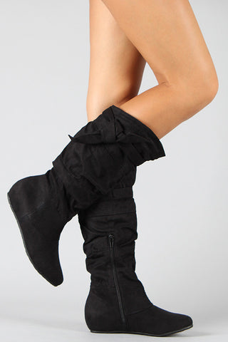 Puffy Nylon Fur Drawstring Snow Mid Calf Flat Boots