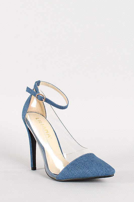 Denim Lucite Pointy Toe Stiletto Pump