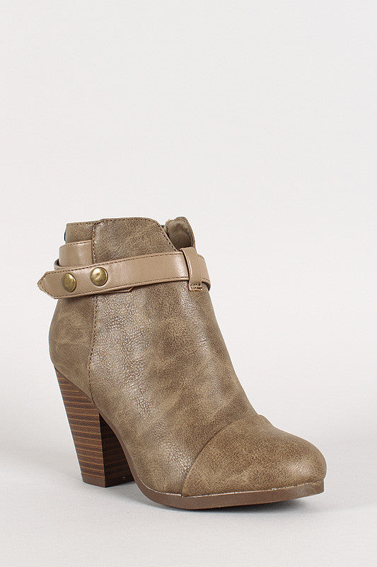 Two-Tone Snap Button Strap Chunky Heel Ankle Bootie