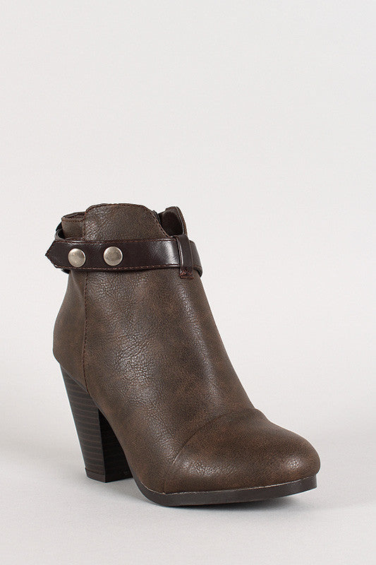 Two-Tone Snap Button Strap Chunky Heel Ankle Bootie