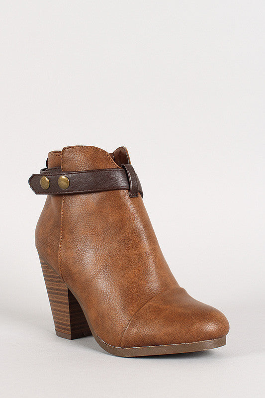 Two-Tone Snap Button Strap Chunky Heel Ankle Bootie