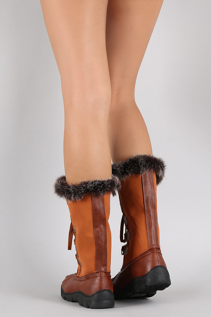 Faux Fur Round Toe Lace Up Mid Calf Boots