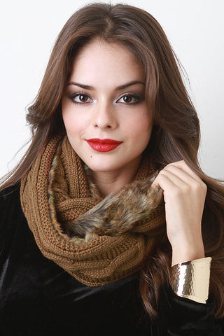 Fur Trim Solid Knit Tube Scarf