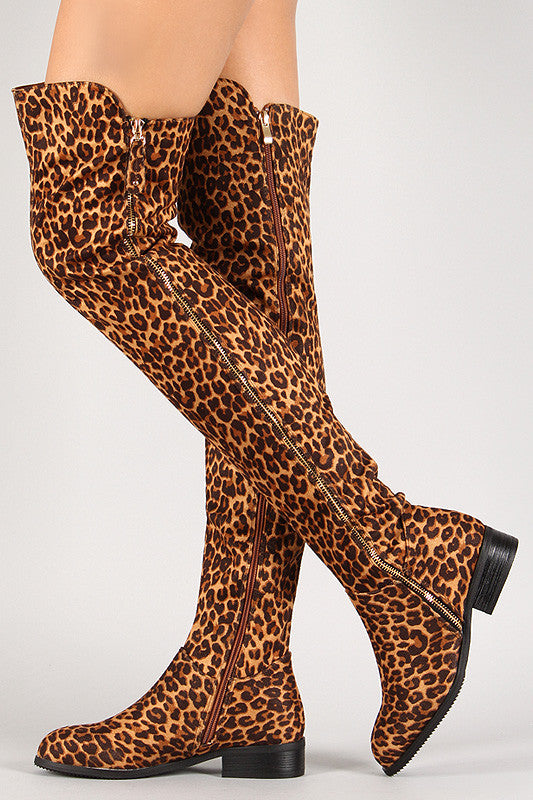 Leopard Suede Zip Up Thigh High Boot