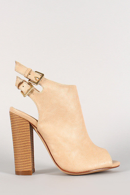 Liliana Double Buckle Peep Toe Mule Booties