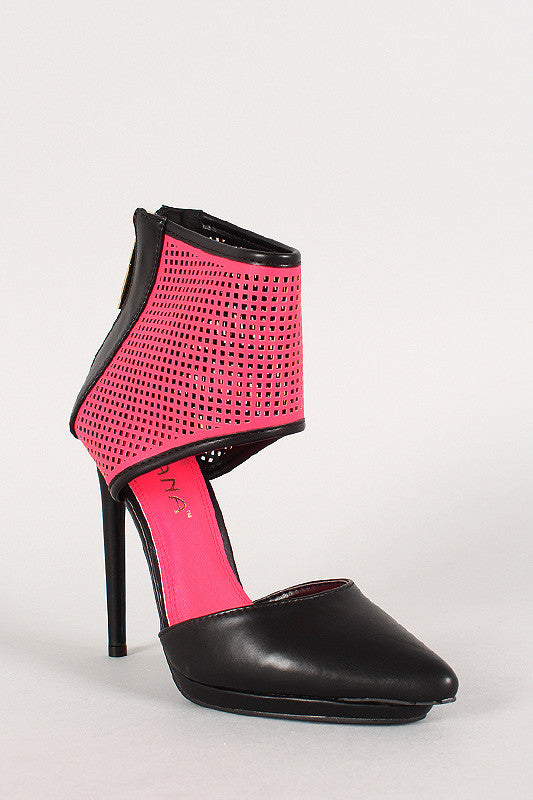 Liliana Neon Perforated Ankle Cuff Pointy Toe Stiletto Pump