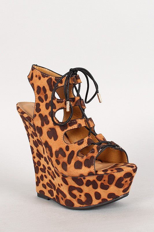 Dollhouse Leopard Cutout Lace Up Platform Wedge