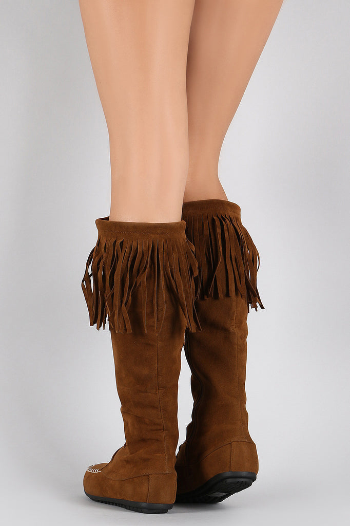 Suede Fringe Moccasin Lace Up Knee High Flat Boot