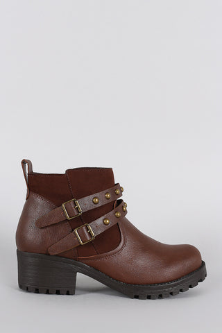 Two-Tone Snap Button Strap Chunky Heel Ankle Bootie