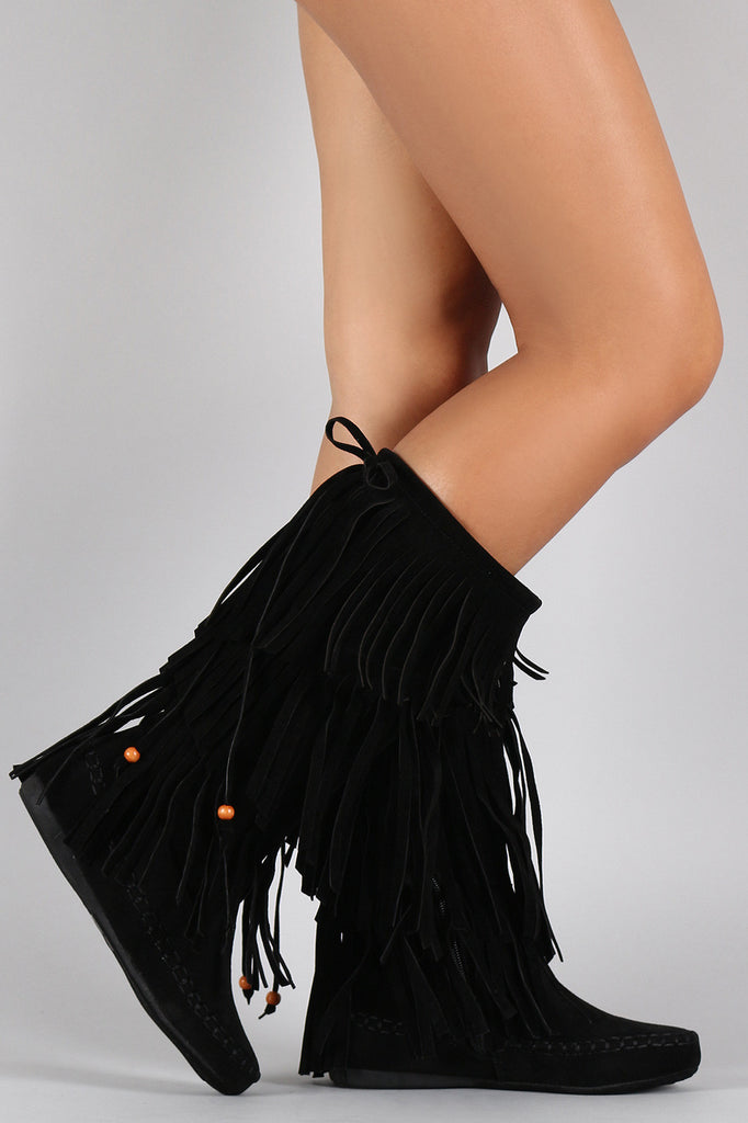 Bow Bead Tiers of Fringe Moccasin Flat Boots