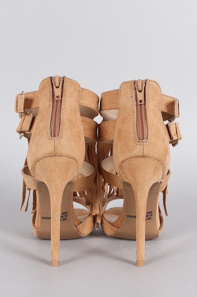 Qupid Double Buckle Falling Fringe Peep Toe Heel