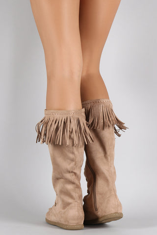 Soda Suede Fringe Round Toe Lace Up Moccasin Flat Boots