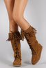 Soda Suede Fringe Round Toe Lace Up Moccasin Flat Boots