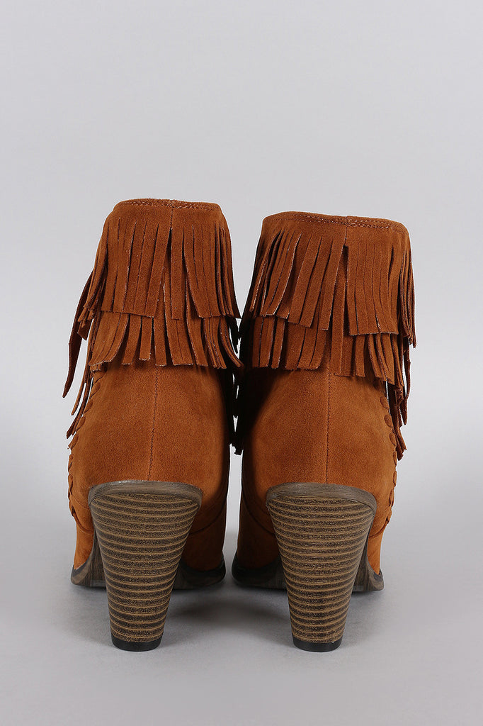 Suede Asymmetrical Fringe Chunky Stacked Heeled Ankle Boots