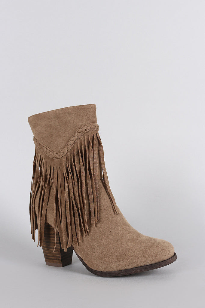 Breckelle Suede Braided Fringe Heeled Ankle Boots