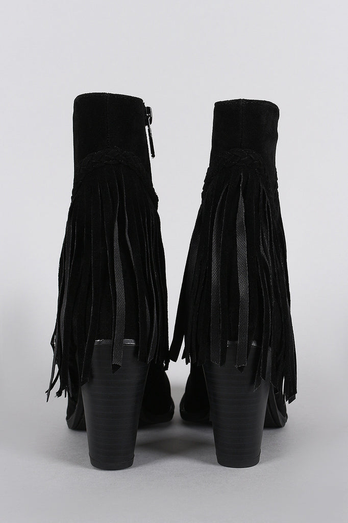 Breckelle Suede Braided Fringe Heeled Ankle Boots