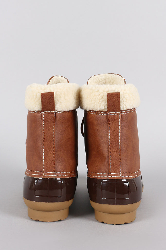 Faux Shearling Cuff Lace Up Duck Ankle Boots