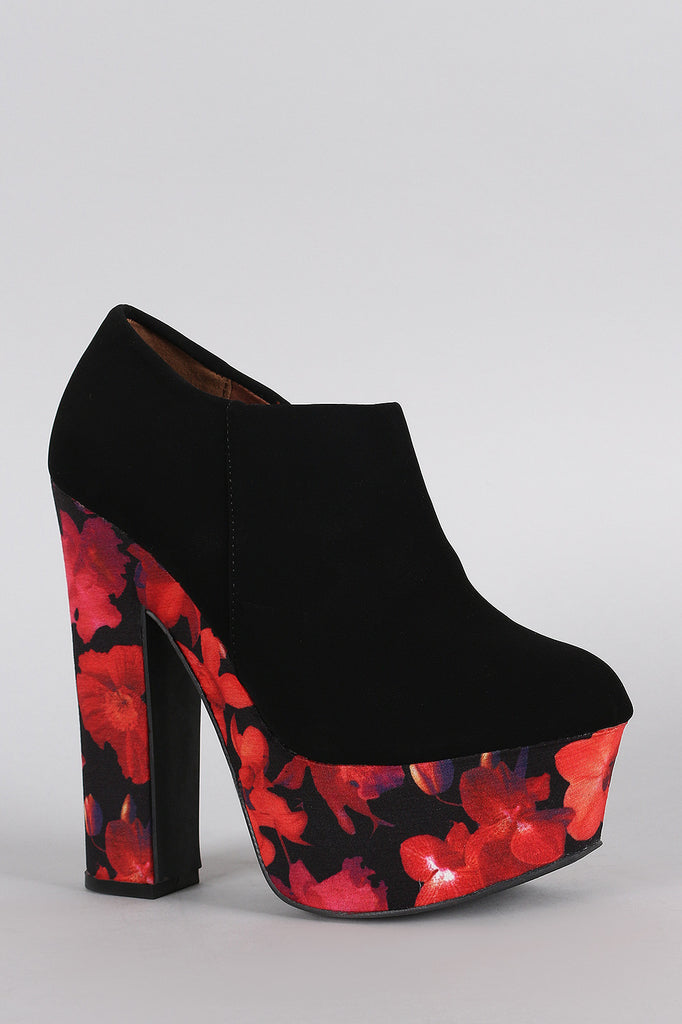 Dollhouse Round Toe Floral Print Platform Heeled Booties