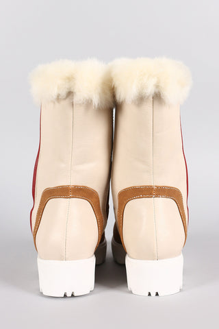 Faux Fur Round Toe Lug Sole Mid Calf Boots