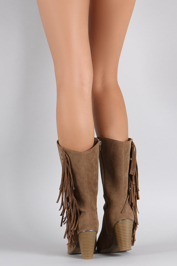 Liliana Suede Studded Fringes Cowgirl Chunky Heeled Mid Calf Boots