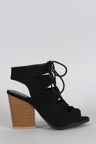 Vegan Suede Open Toe Lace Up Sash Chunky Heel