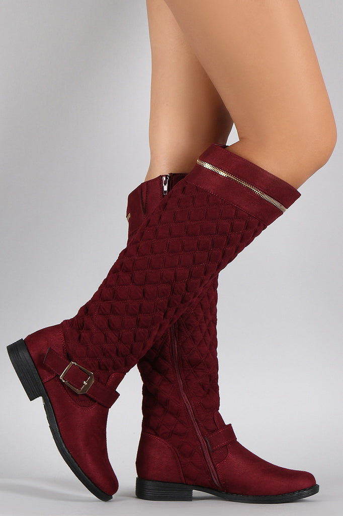 Bamboo Quilted Suede Zipper Trim Riding Knee High Boots