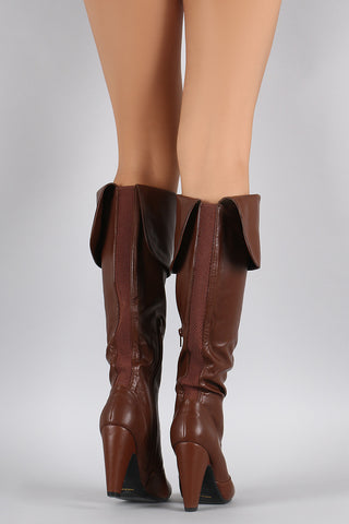 Bamboo Cuff Elastic Gore Chunky Heeled Knee High Boots