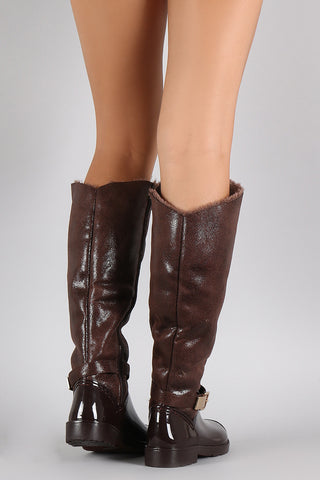 Bamboo Buckled Raw Collar Knee High Rain Boots