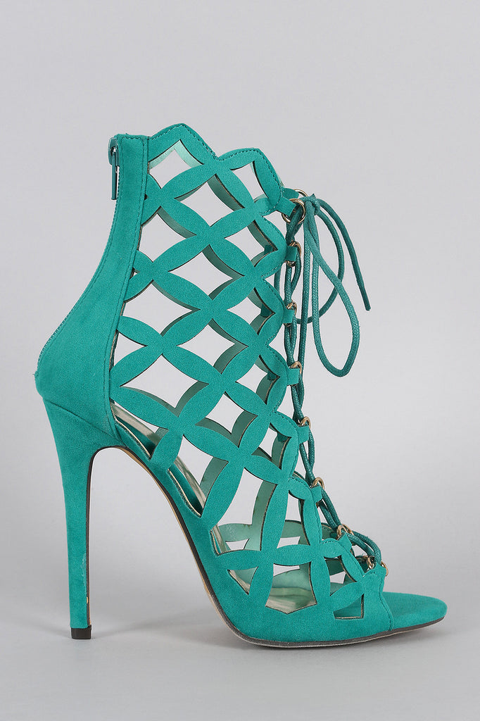 Liliana Suede Caged Intricate Laser-Cut Lace Up Heel