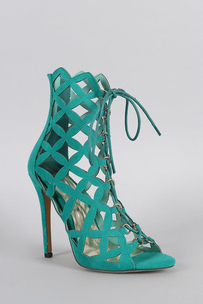 Liliana Suede Caged Intricate Laser-Cut Lace Up Heel