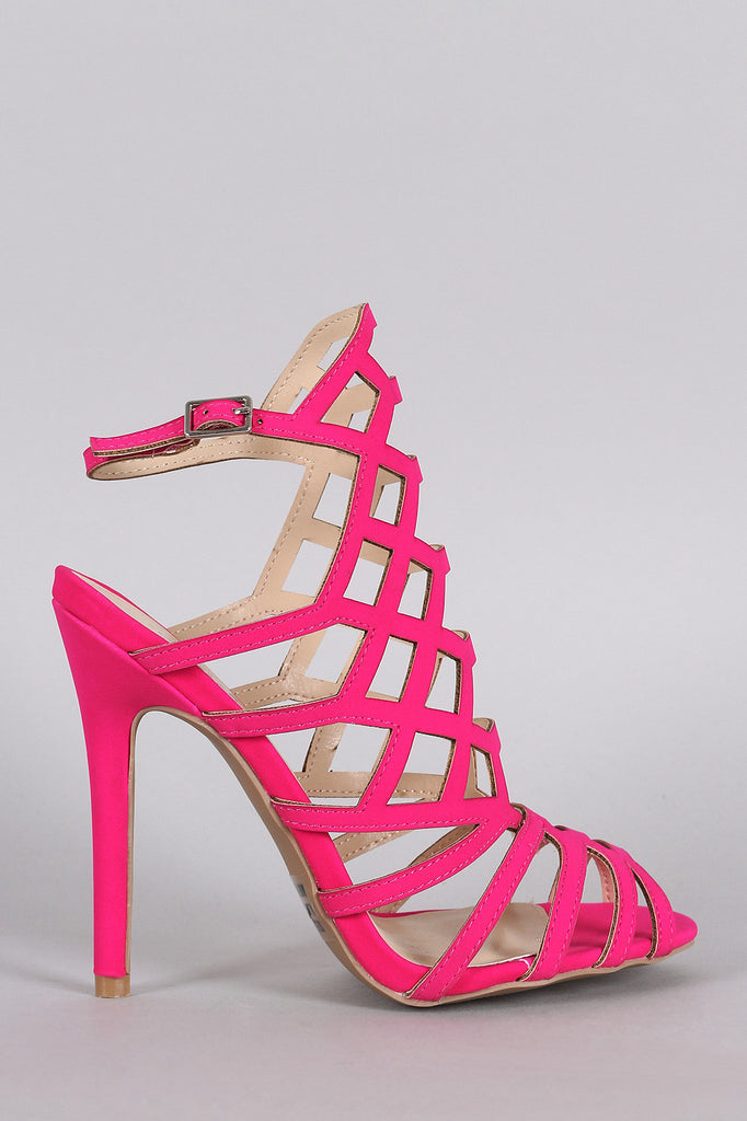 Qupid Nubuck Caged Peep Toe Stiletto Heel