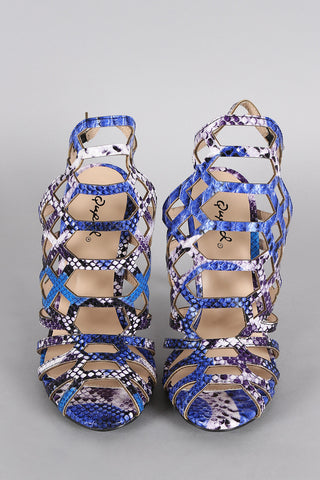 Qupid Snake Caged Peep Toe Stiletto Heel