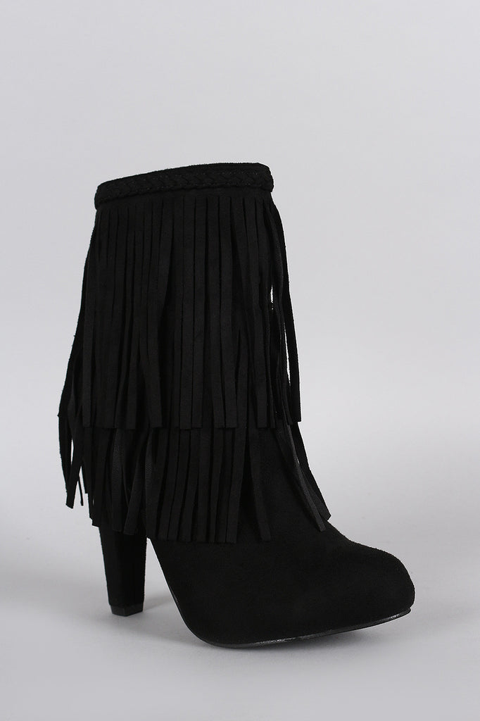 Breckelle Braided Layered Fringe Almond Toe Heeled Booties