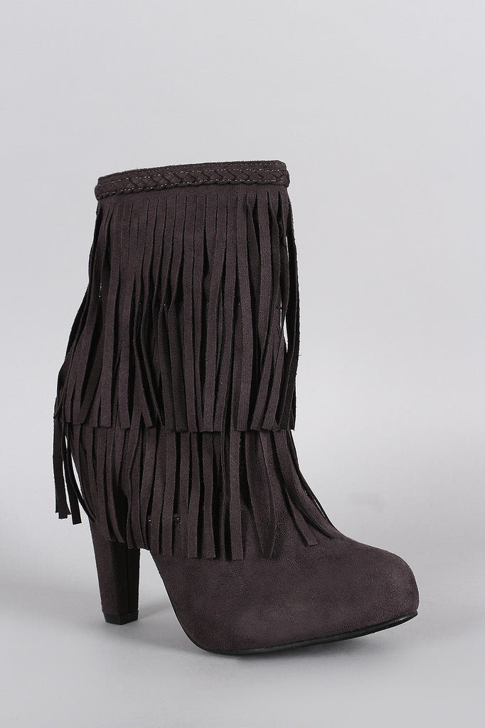 Breckelle Braided Layered Fringe Almond Toe Heeled Booties