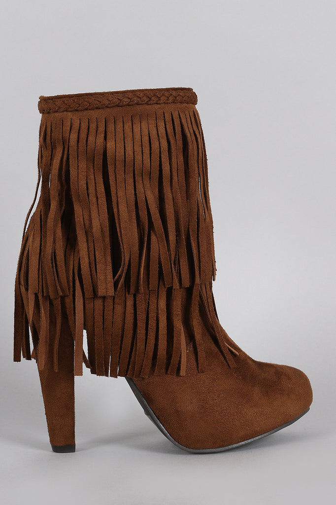 Breckelle Braided Layered Fringe Almond Toe Heeled Booties