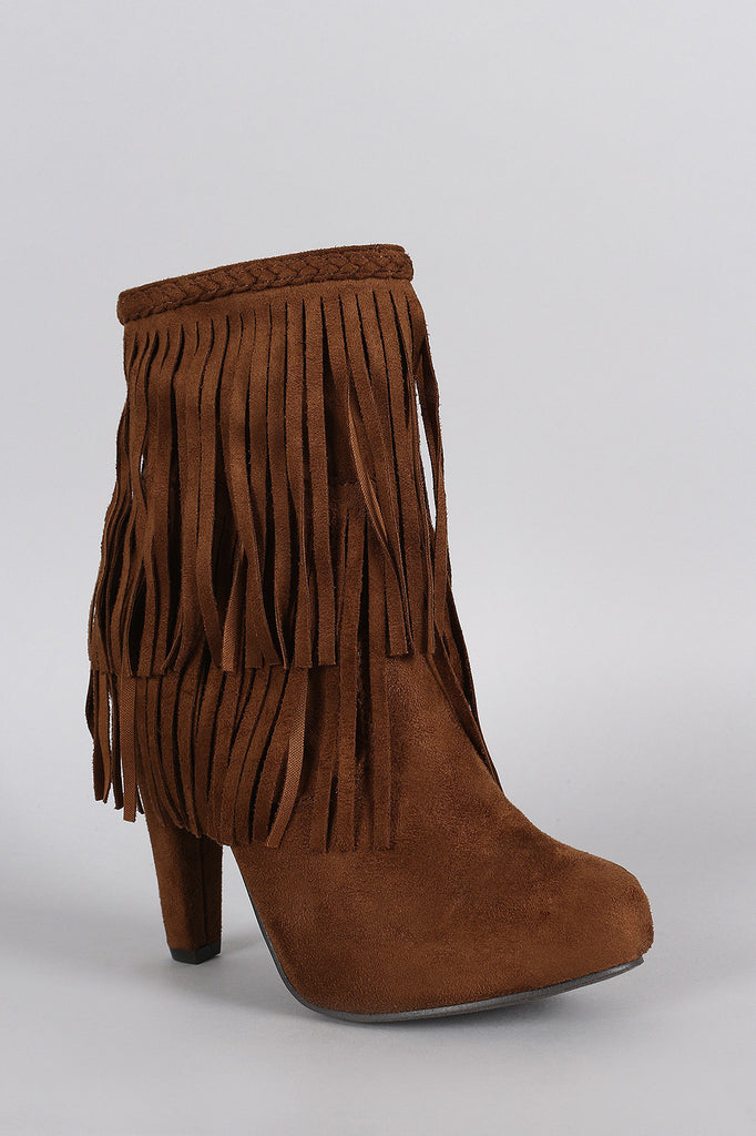 Breckelle Braided Layered Fringe Almond Toe Heeled Booties